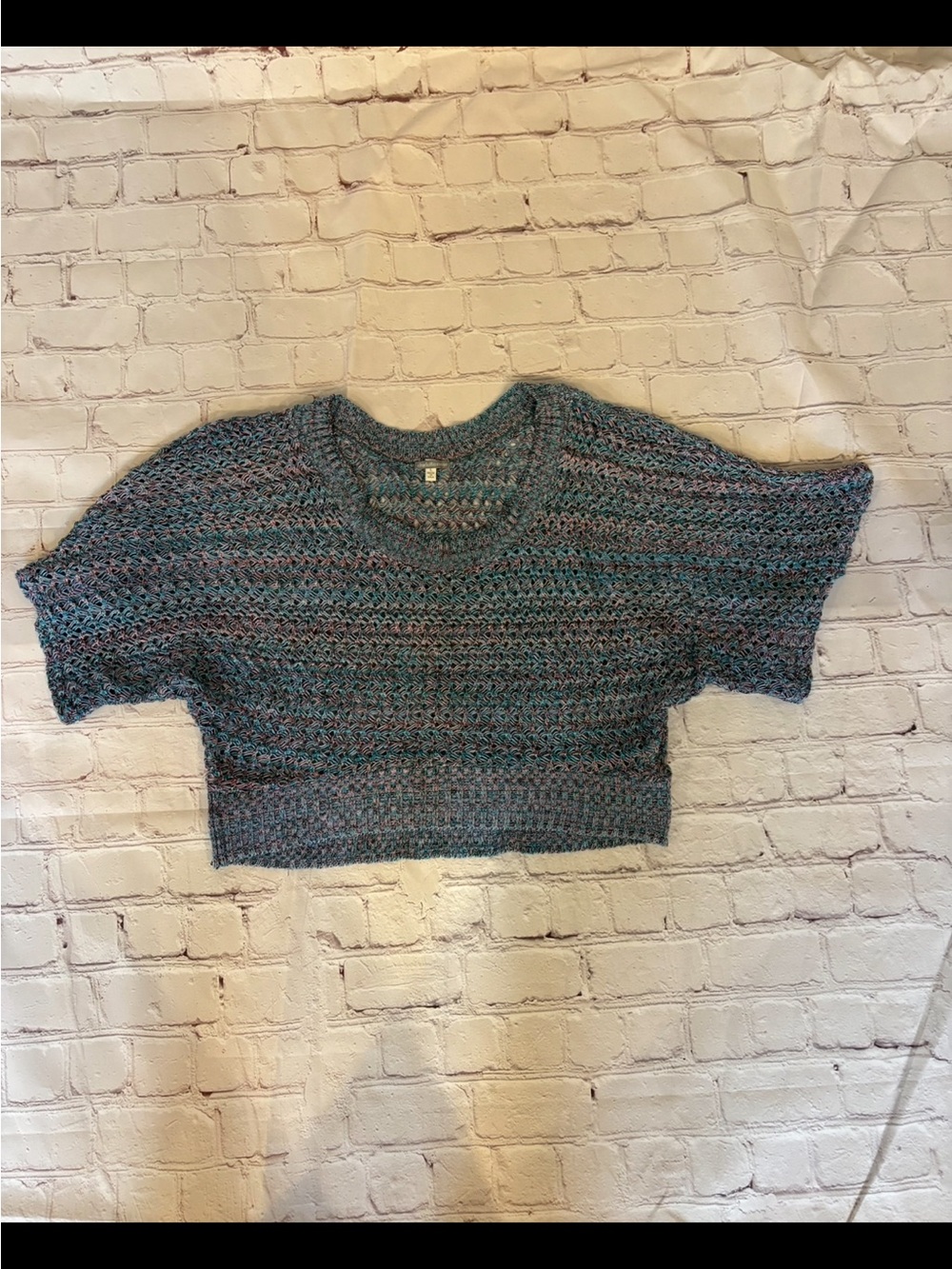 Open Knit Cropped Sweater in Teal Mix